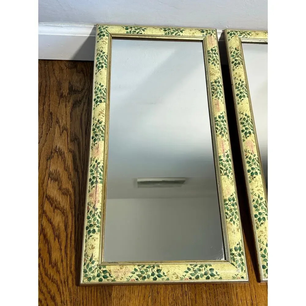 Vintage Floral Mirror Set of 2, Gold Tone Wall Mirrors, Green with pink Frames